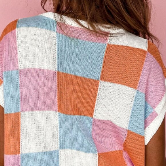 NWT Contrast Plaid Round Neck Crop Cap Sleeve Sweater - Picture 9 of 10